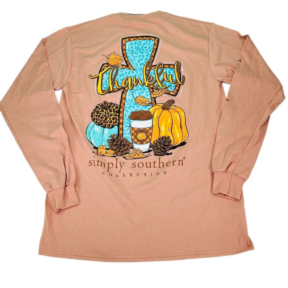 Simply Southern T-Shirt Womens Medium, XL Fall Autumn Thankful Cross Pumpkins